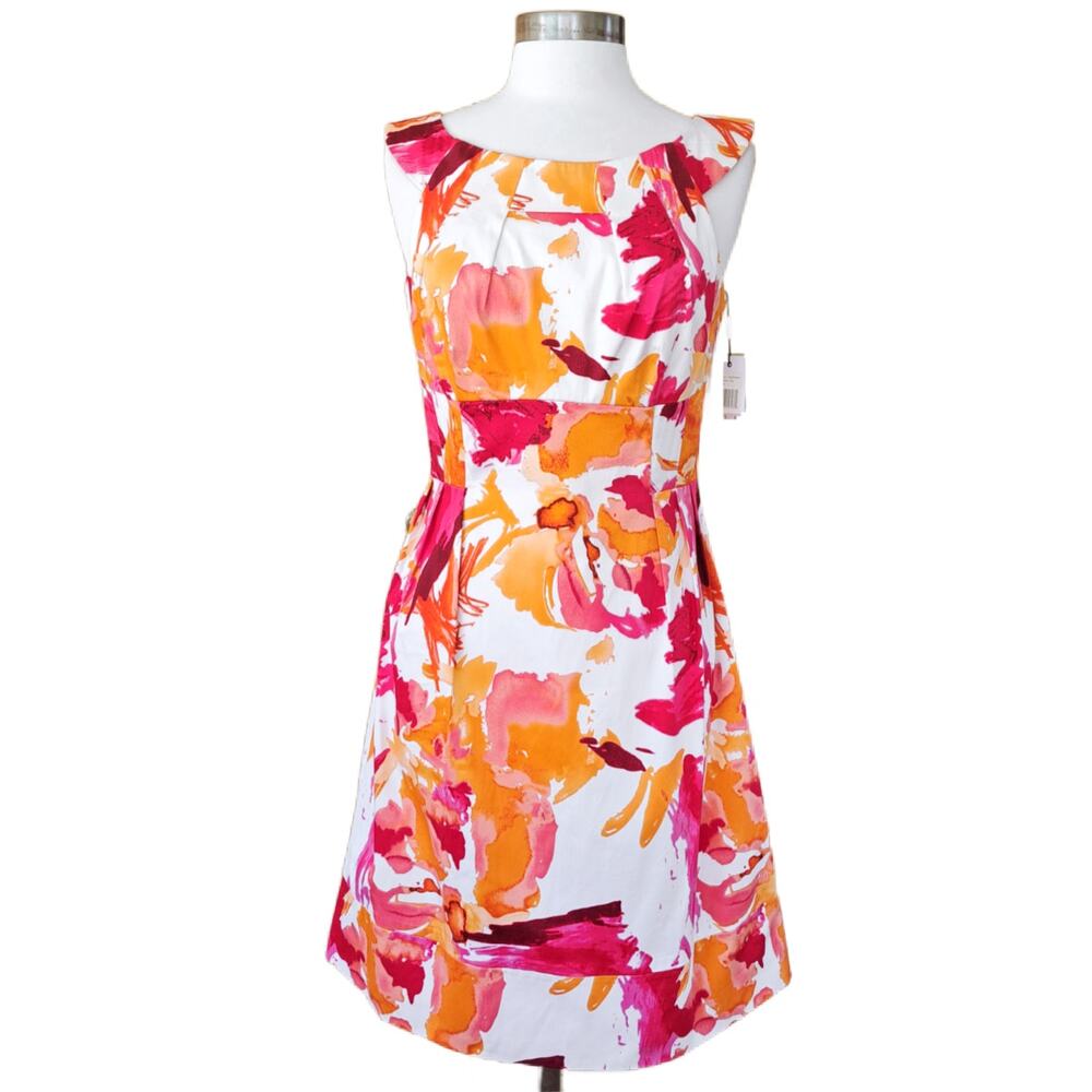 NWT Calvin Klein Abstract Floral Print A-line Dress Sz 6 Pink Orange Sleeveless